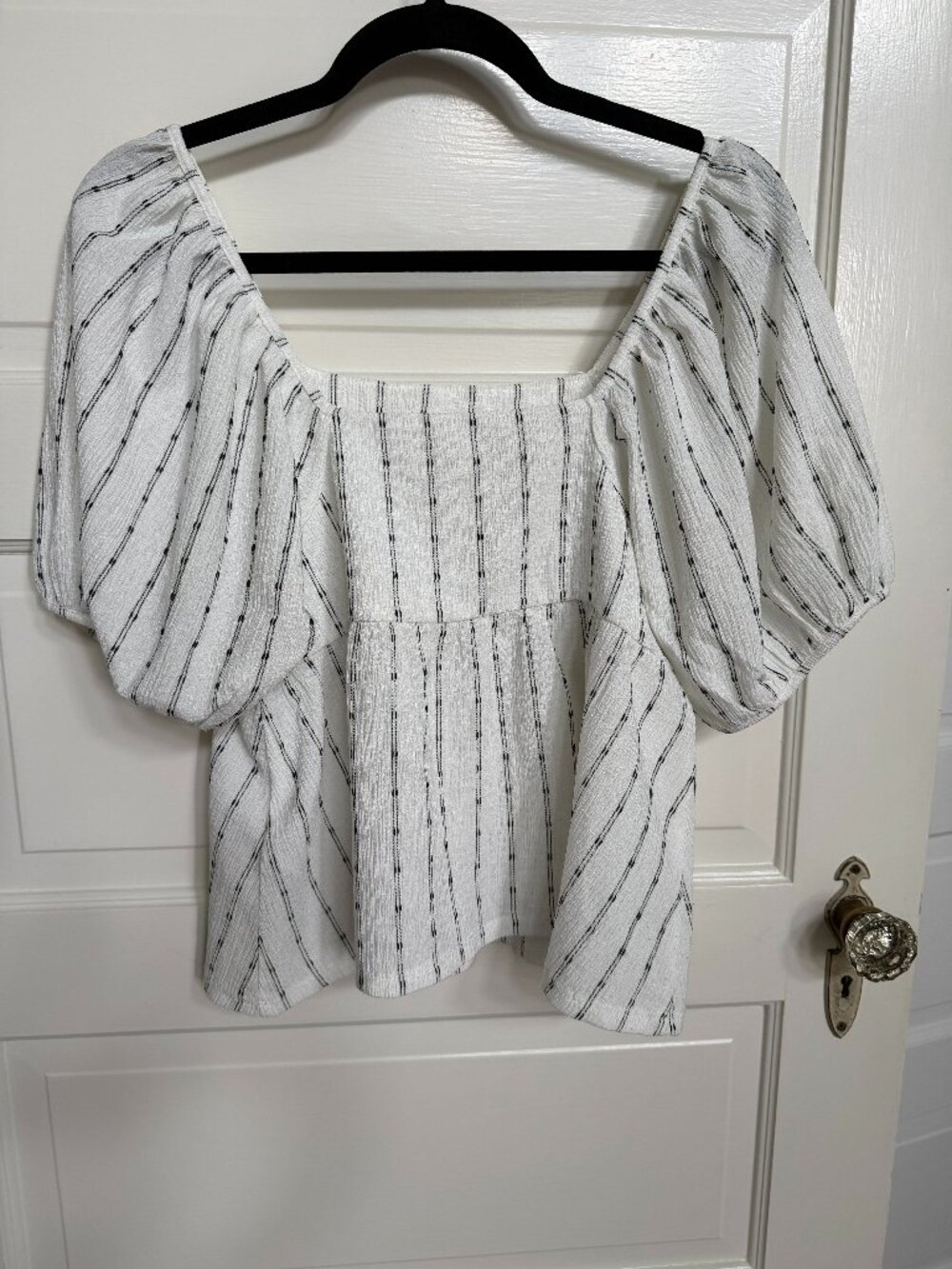Madewell Striped Square Neck Puff Sleeve Peplum Top – Ivory Black S